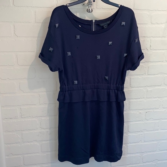 Marc Jacobs dress navy cotton ruffled waist cuffed‎ sleeve small embellished - Picture 2 of 10